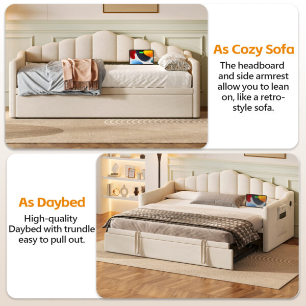 Upholstered Twin Size Daybed with Adjustable Height Pop Up Trundle Twin Bed and USB & Type-C Charging Port, Day Bed Frame with 2 Side Pockets, No Box-Spring Needed, Beige