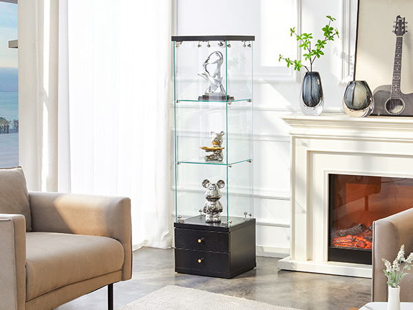 American-Style Non-Lit Glass Display Cabinet (0.2" Tempered Glass) – Soft-Close Drawer Slides  3 Adjustable Shelves, Ideal for Display & Storage