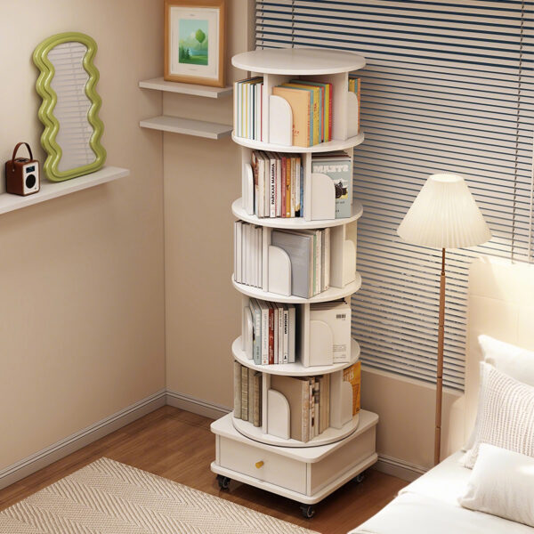 6 Tier Rotating Bookshelf, 360° Display Round Spinning Bookshelf with Wheels and Drawer, Space-Saving, Small Space Rotating Bookshelf Tower for Bedroom, Living Room, Home, Office, Warm White