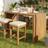 5 Piece Outdoor Bar Set, Patio Acacia Wood Bar Height Table & Four Stools with Cushions, Wood Dining Bar Set for Backyard, Poolside, Balcony, Beige