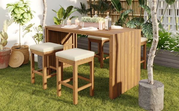 5 Piece Outdoor Bar Set, Patio Acacia Wood Bar Height Table & Four Stools with Cushions, Wood Dining Bar Set for Backyard, Poolside, Balcony, Beige