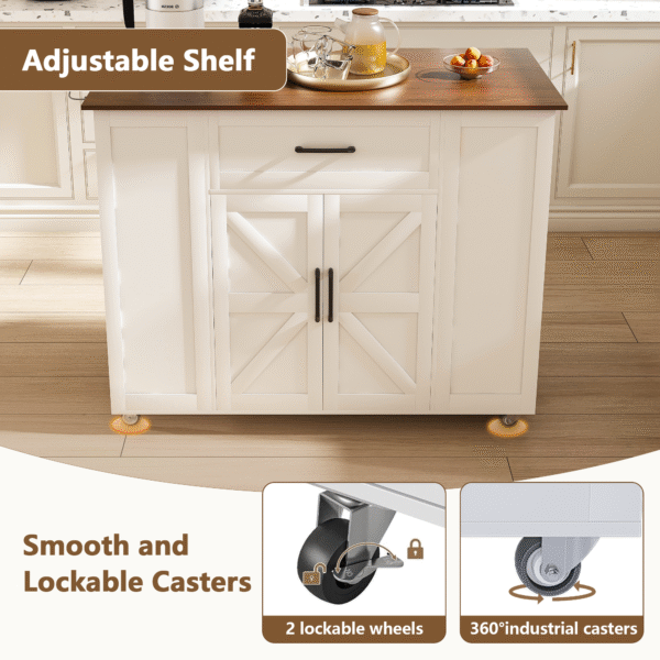 1290432c9f05434f8cba582347534ade_1b5136e8547dbfc664f762206707dbf1 46" Kitchen Island on Wheels with Storage & Power Outlet - Movable Rustic Breakfast Bar Table, Wood Top with Adjustable Shelf & Drawer for Kitchen Dining Living Room, White