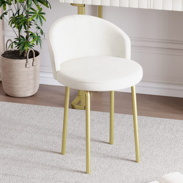 Velvet Upholstered Vanity Desk with Chair, Vanity Set with 5 Big Drawers, Makeup Table with Padded Chair, Marble-Look Sticker Top Dressing Table with Left/Right Adjustable Storage, Beige