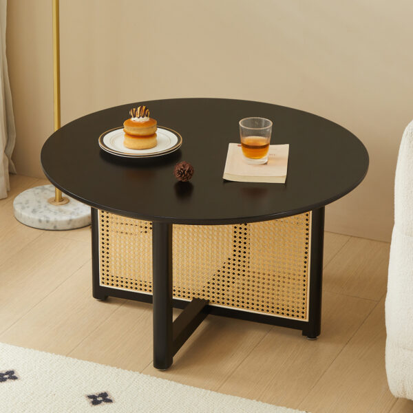 1313f0dccc56483aab3c57b63219b06a_be7dff297d42babd6f716c8bf5b13ad2 Mid-century wooden coffee table with PE cane stand, 31.5-inch round solid wood Bohemian style coffee table, unique central cocktail table for living rooms, apartments and offices