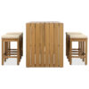 5 Piece Outdoor Bar Set, Patio Acacia Wood Bar Height Table & Four Stools with Cushions, Wood Dining Bar Set for Backyard, Poolside, Balcony, Beige