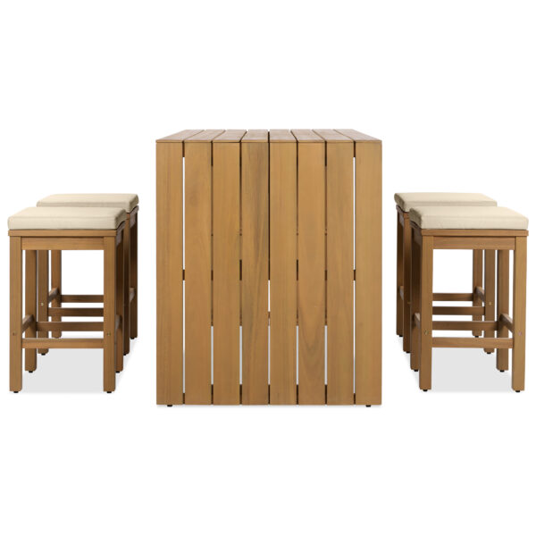 5 Piece Outdoor Bar Set, Patio Acacia Wood Bar Height Table & Four Stools with Cushions, Wood Dining Bar Set for Backyard, Poolside, Balcony, Beige