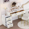 Velvet Upholstered Vanity Desk with Chair, Vanity Set with 5 Big Drawers, Makeup Table with Padded Chair, Marble-Look Sticker Top Dressing Table with Left/Right Adjustable Storage, Beige