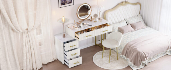 Velvet Upholstered Vanity Desk with Chair, Vanity Set with 5 Big Drawers, Makeup Table with Padded Chair, Marble-Look Sticker Top Dressing Table with Left/Right Adjustable Storage, Beige