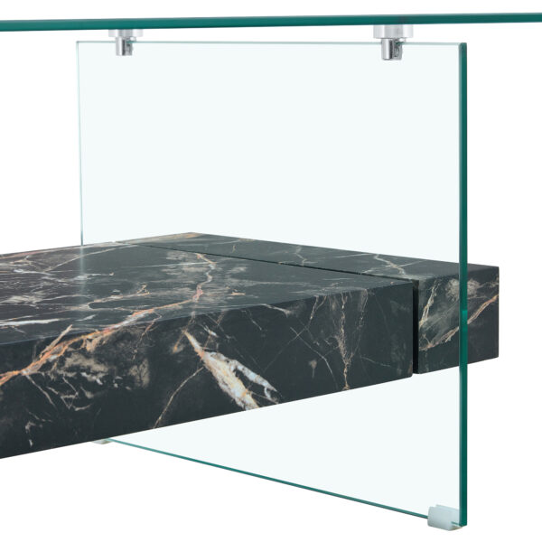 13f8430145fb45b0b1e93b1e18bc8cd3_c63db4443bbade3d104e89455c99a65c 43.3 Inch Modern Two-Tier Coffee Table - An Elegant Combination of Clear Glass and Black Marble Pattern.It can be used not only as a coffee table but also as a side table or display stand.