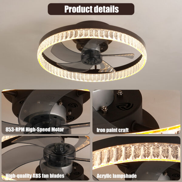 20" Brown Ceiling Fan with LED Light – Modern Flush Mount Fan Light for Bedroom, Living Room, and Home Décor with Crystal Ring Design