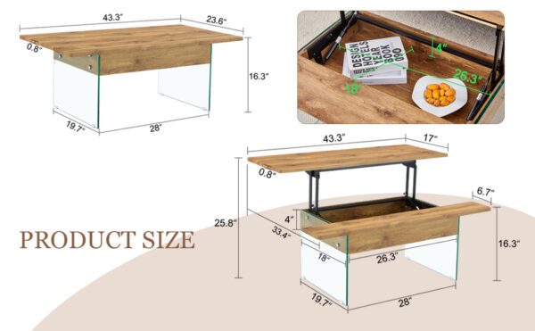 148a7dc32edf4138af5211552ea87762_12c076836d748d8ab816668b81823330 Multifunctional Lift Top Coffee Table -Light Wood Color Grain Sticker, Essential for Modern Homes.Tempered Glass Legs,Lift Top Feature.Perfectly Fitting Into Living Rooms And Office.