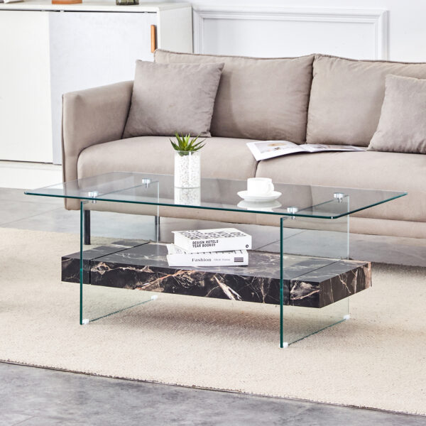 14f33b793153403cbedb6a6b0b82b1f3_535fb560c21f2a83e96f420b299067ac 43.3 Inch Modern Two-Tier Coffee Table - An Elegant Combination of Clear Glass and Black Marble Pattern.It can be used not only as a coffee table but also as a side table or display stand.