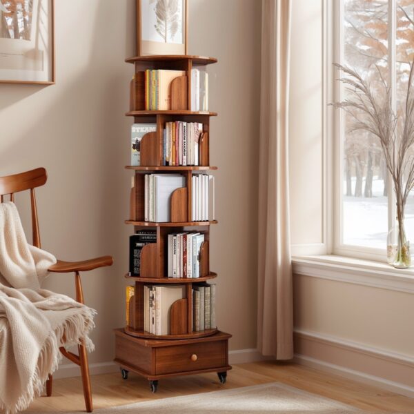 152ec328ffe84841ae837dcceb489e30_e6f9f0db39bd17aca6c440ffb37bfba6 (UPGRADED) Rotating Bookshelf, 360 Display Corner Bookshelf for Small Space, 6 Tier Bookcase Storage Rack with Wheels, Wood Narrow Organizer for Bedroom, Living Room, Study Room, Walnut Brown, Shelves