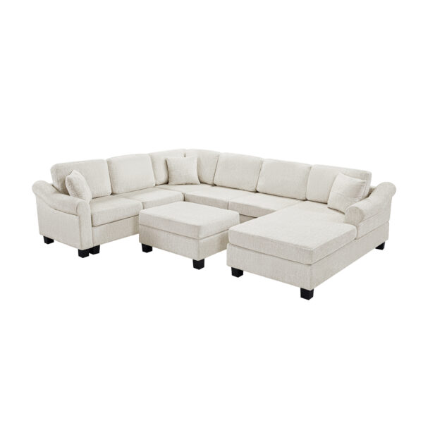 Sectional Sofa 111.8" U-shaped Sofa Chenille Upholstered Sofa Couch with Movable Storage Ottoman for Living Room, White