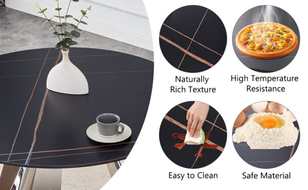 15642aabc826465f93faac5a2b1da7a3_3008bbe8a14a9acf0760f0c75b8a87b5 A 42-inch burn stone round table with stainless steel legs can accommodate 4 or 6 diners