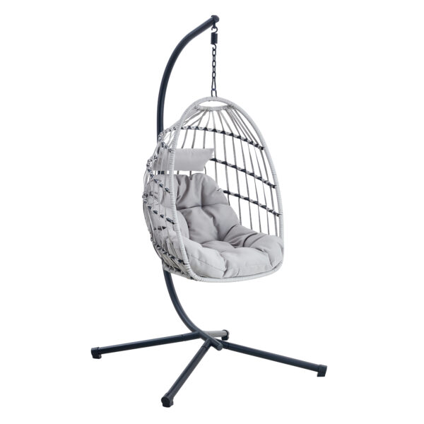 GRHeavy-Duty Iron Hanging Chair with Wicker Weave – Single Person Swing for Indoor/Outdoor (Gray)