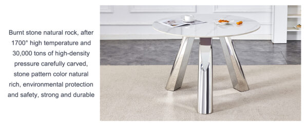 16232f019c584821bcfe717ae03f5a14_1f471179a88e5b095ba1c0b86bc9166a A 42-inch stainless steel leg round table with a marble top is suitable for use by four or six people