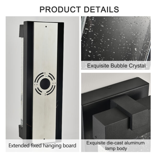 16d27f65a9e34ea683ff4246560dddd5_9a54fe33e88b7a6d1b54e85547bd21c2 19"(H) Black Aluminum Finish Outdoor Wall Light with Bubble Crystal Glass, LED Light Source, 3000K Warm Light, Weatherproof Exterior Sconce for Patio, Porch, or Garage (1-pack)