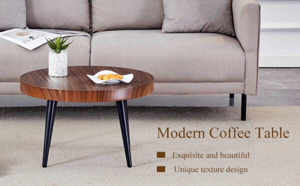 172116234cab49a9933196ea0cb1809e_f8d291d5409c5a90630e6c3a1af2b913 Modern Round Coffee Table - Annular Texture, Durable and Robust With a Diameter of 23.6 inches.Exquisite Suction Molding Process,Walnut Color Pattern Design,Black Sprayed Metal Leg.