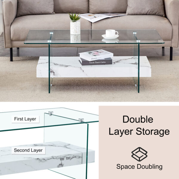 1768b10f66f7463aa0063ba81123b5d0_7f99b55dc1dad73e49fb8f9ba95ed518 43.3 Inch Modern Two-Tier Coffee Table - An Elegant Combination of Clear Glass and White Marble Pattern.It can be used not only as a coffee table but also as a side table or display stand.