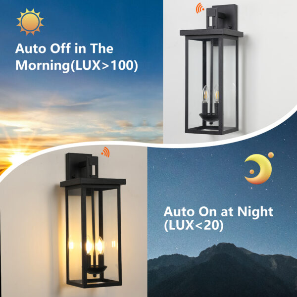 1-Pack 22.0" Outdoor Wall Lantern with Dusk to Dawn Sensor, Matte Black Finish, Clear Glass Panels, Weatherproof Exterior Light for Porch, Patio, Garage, 2-Light Design (Bulb Not Included)
