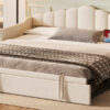 Upholstered Twin Size Daybed with Adjustable Height Pop Up Trundle Twin Bed and USB & Type-C Charging Port, Day Bed Frame with 2 Side Pockets, No Box-Spring Needed, Beige