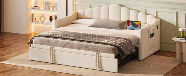 Upholstered Twin Size Daybed with Adjustable Height Pop Up Trundle Twin Bed and USB & Type-C Charging Port, Day Bed Frame with 2 Side Pockets, No Box-Spring Needed, Beige