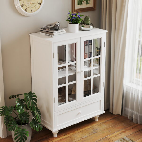 188080544cc6423e83d4020ce4be0dc8_259e8bb8052f2dd1e582fd993985d48d Minimalist White Buffet Cabinet with Double Glass Doors and Drawer, Modern Wooden Storage Sideboard Cupboard for Living room, Dining Room Hallway Entryway