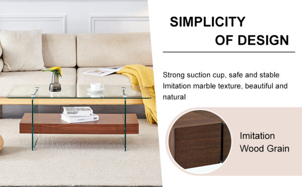188dc740530147328b785dd303982faf_43d08262afa9e2220b5e5f2fe9c504f3 43.3 Inch Modern Two-Tier Coffee Table - An Elegant Combination of Clear Glass and Dark Wood Texture Sticker.It can be used not only as a coffee table but also as a side table or display stand.