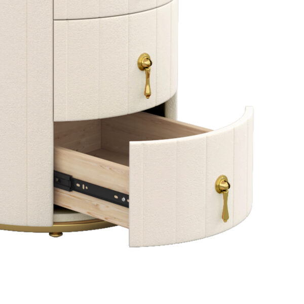 Upholstered Nightstand with 3 Drawers, Round Bedside Table with Metal Handles,Marbling Stickers Top Night Table for Bedroom, Fully Assembled Except Handles, Beige