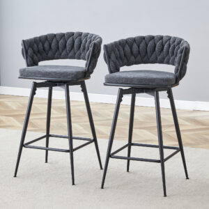 Two sets of rotating high-legged stools with breathable cotton and linen cushions, Dark gray seats paired with black spray-painted iron frames, suitable for both restaurants and bars