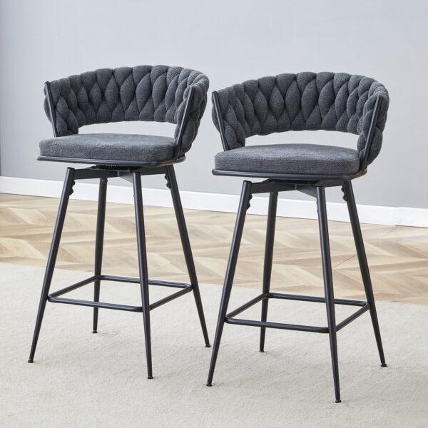 19026c02b8464a58a905d394abdb8dbc_b34eed5cf407ae11300a261ed7cc13cf Two sets of rotating high-legged stools with breathable cotton and linen cushions, Dark gray seats paired with black spray-painted iron frames, suitable for both restaurants and bars