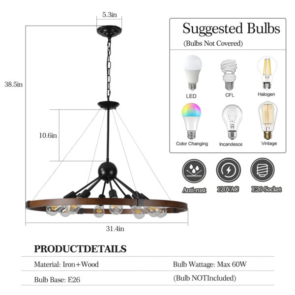 (Same as W1340111208/L1012) 32" Rustic Industrial Chandelier, 8-Light Farmhouse Pendant Lighting Fixture with Metal and Wood Finish, Adjustable Chain for Dining Room, Kitchen, or Living Room (No Bulb)
