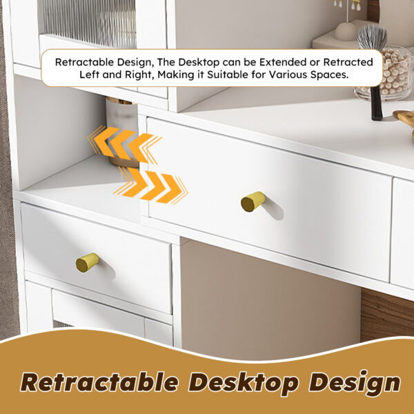 1994651b5de44651b36625436934fa48_3f07315c39a23afd61023686b56df356 Vanity Dressing Table with LED Mirror & Storage – White Makeup Desk Features 3 Drawers, 2 Open Shelves & 4 Hidden Cabinets (Transparent Doors) - 3 Adjustable Lighting Modes - Ideal for Bedroom or Livi