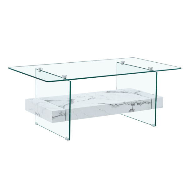 199864afdc0f483d9b107f0a18fb5855_bab2f00073bfd22721745b5d2e79fc14 43.3 Inch Modern Two-Tier Coffee Table - An Elegant Combination of Clear Glass and White Marble Pattern.It can be used not only as a coffee table but also as a side table or display stand.