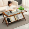 Rattan Coffee Tables for Living Room, Mid Century Modern Coffee Table with Glass Top, Large Boho Center Table with Storage, Brown
