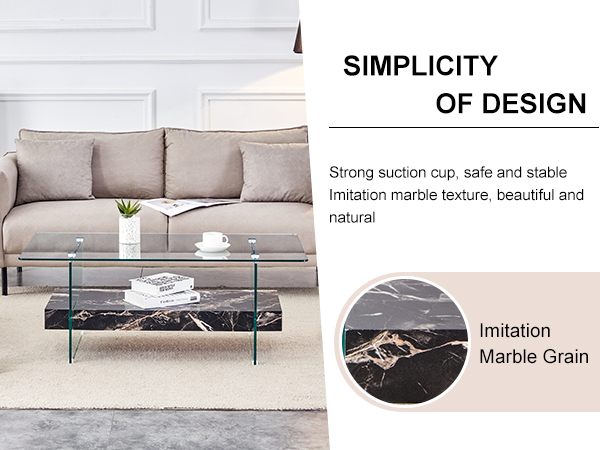 1a2c1218c7d14282b00ba63a13c281a9_12b8c1d675f5966342f19ebe428829ba 43.3 Inch Modern Two-Tier Coffee Table - An Elegant Combination of Clear Glass and Black Marble Pattern.It can be used not only as a coffee table but also as a side table or display stand.