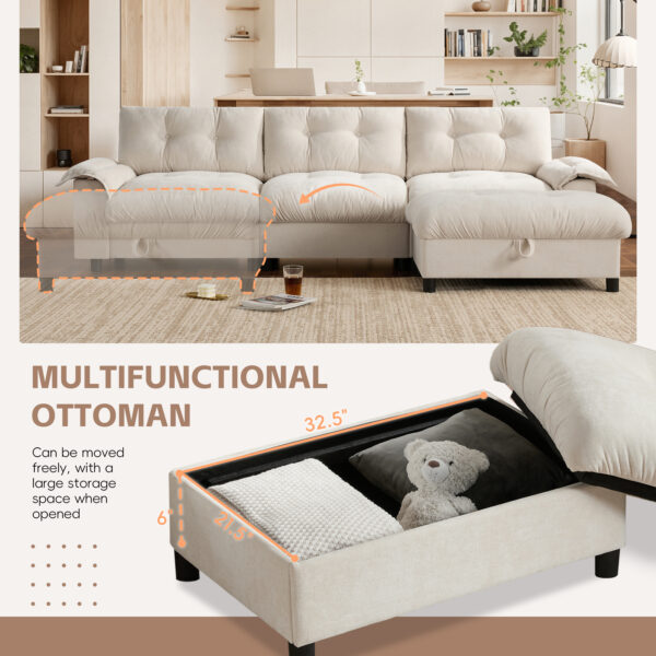 [VIDEO]104*60" Sectional Sofa, L-Shape with Multifunctional Armrest, Dual-Port Charging, Cup Holder, Side Storage Pockets, Movable Storage Ottoman, Unique Tufted Design, Soft Cushion, Chenille,3colors