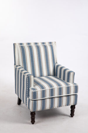 Upholstered Accent Chair, Vintage Armchair with Blue and White Striped Linen Fabric and Nailhead Trim for Living Room