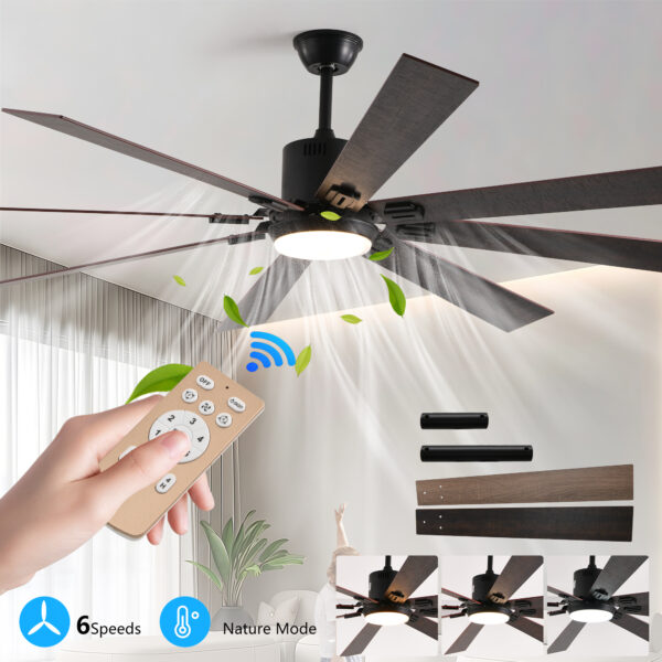 72" Walnut LED Ceiling Fan Light with 8 Wooden Blades, Remote Control, Adjustable Color Temperature for Living Room, Bedroom, or Dining Room (Silent/6-Speed/Reversible/DC Motor)