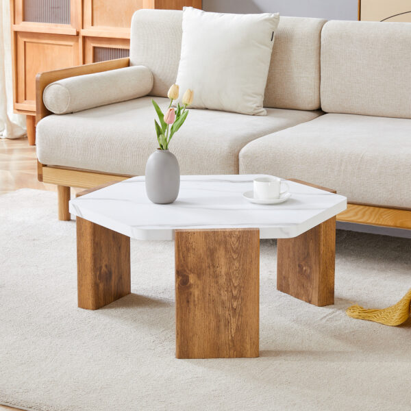 31-inch white marble-textured pentagonal coffee table - wooden triangular base, with a load-bearing capacity of 250 pounds, sturdy and durable, suitable for use in living rooms, cafes,.W1151138529