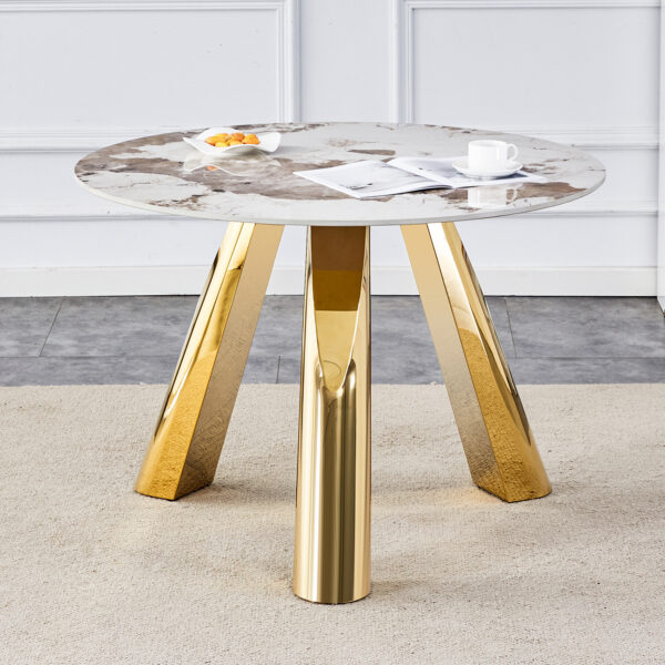 1bd171f267e2401387c73e87f3029cab_4142317840546b71039a4c55216bc1be A 42-inch stainless steel white pattern burning stone round table with gold legs Round table suitable for 2, 4 or 6 people