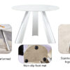 A 42-inch stainless steel leg round table with a marble top is suitable for use by four or six people