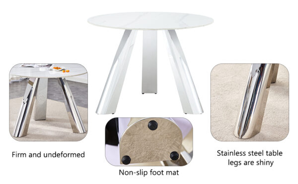 1c9ca3a6cc1f46df8edb625ab195fdc5_b8d09f91c734c6a2b7919e91fa4babb4 A 42-inch stainless steel leg round table with a marble top is suitable for use by four or six people