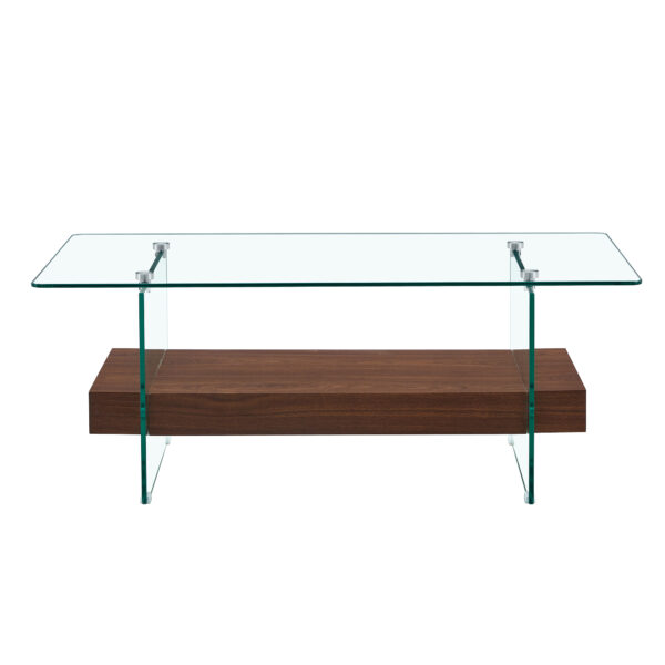 1cbca2ef101f45dc8e923dde7e723971_06de815dab8e98aef2c2d07d0eb7acb0 43.3 Inch Modern Two-Tier Coffee Table - An Elegant Combination of Clear Glass and Dark Wood Texture Sticker.It can be used not only as a coffee table but also as a side table or display stand.