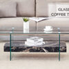 43.3 Inch Modern Two-Tier Coffee Table - An Elegant Combination of Clear Glass and Black Marble Pattern.It can be used not only as a coffee table but also as a side table or display stand.