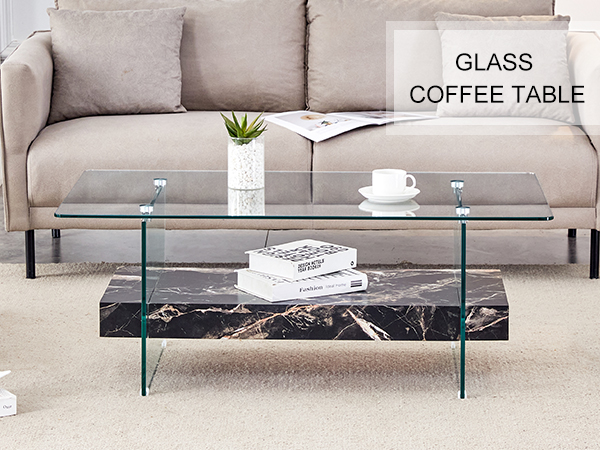 1e2d738462dc4d928f05ef849cdb29d8_fe0c7d41c40b361f062bdf5df7cda71b 43.3 Inch Modern Two-Tier Coffee Table - An Elegant Combination of Clear Glass and Black Marble Pattern.It can be used not only as a coffee table but also as a side table or display stand.