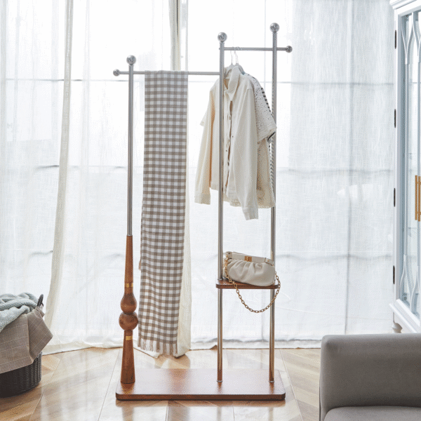 70" Industrial Coat Rack, Solid Wood & Silver Stainless Steel Clothing Rack, Double Layer Hanger for Coats, Hats, Bags, Shoes, Vintage Wood Grain (34.6" Wide)
