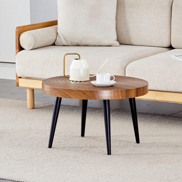 1e7ac762fa164e37bbebe5367cacf468_764a76b1f7c3664ccc0275de741219d3 Natural Wood Grain Texture Round Coffee Table - Diameter 23.6 Inches.Exquisite Suction Molding Process,Natural Wood Grain Texture,Black Sprayed Metal Leg.