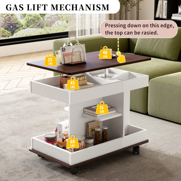 U-Can Adjustable End Table with Wheels, Modern Multifunctional Sofa Side Table with Lift-Top, 360°Rotating Top and Storage Space for Living Room, Small Space